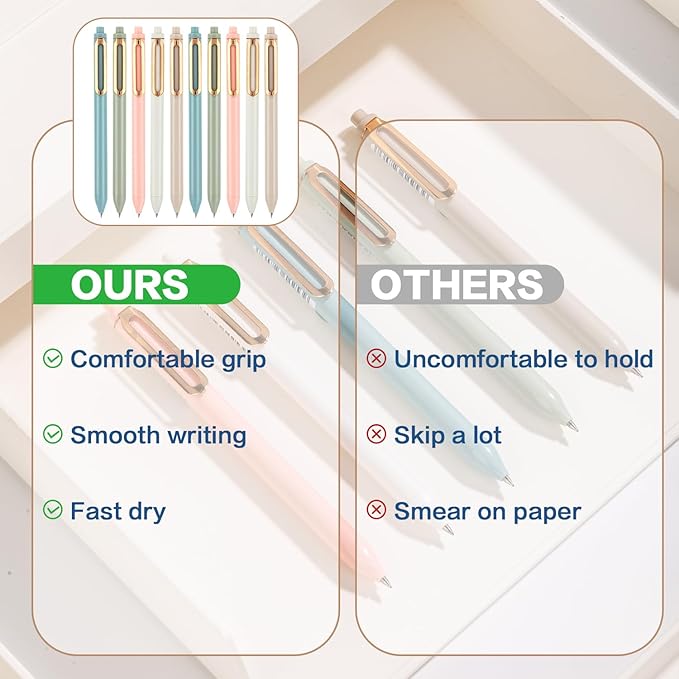 Gel Pens, 10 Pcs 0.5mm Retractable Black Ink Fine Point Rolling Ball Gel Pen, Smooth Writing No Bleed for Journaling Note Taking, Home School Office Supplies