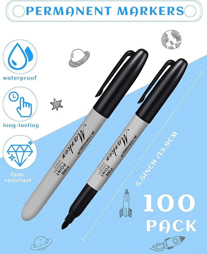Thenshop 100 Pack Permanent Markers Bulk Black Permanent Marker Set Fine Point Pens Work on Wood, Metal, Stone, Glass