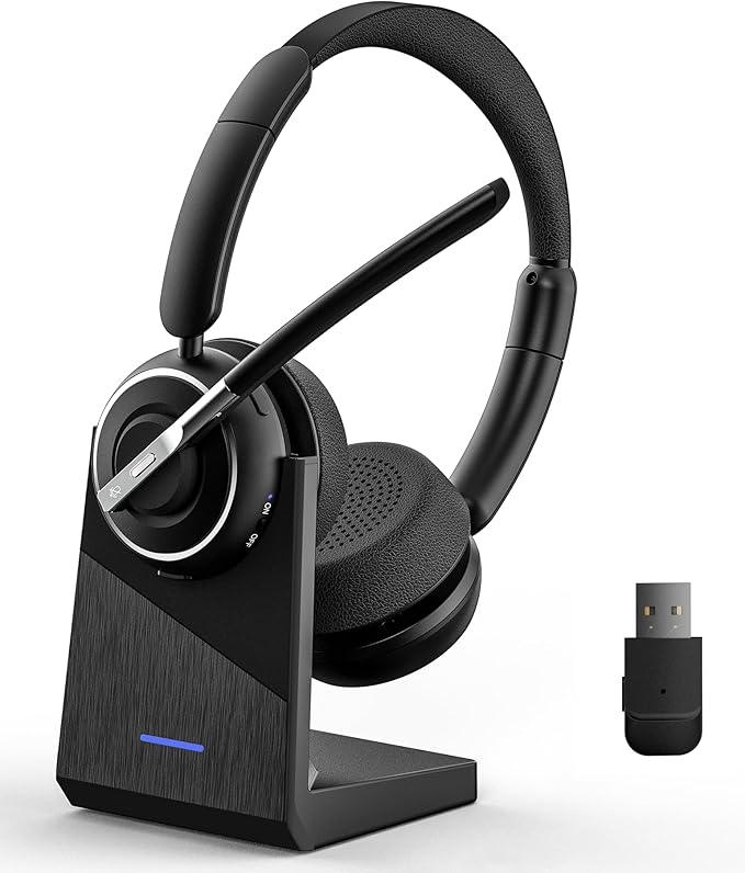 Wireless Headset, Bluetooth Headset with AI Noise Cancelling Mic, Bluetooth V5.2 Headphones with USB Dongle, Charging Base & Mic Mute for PC/Cell Phones/Call Center (Black)