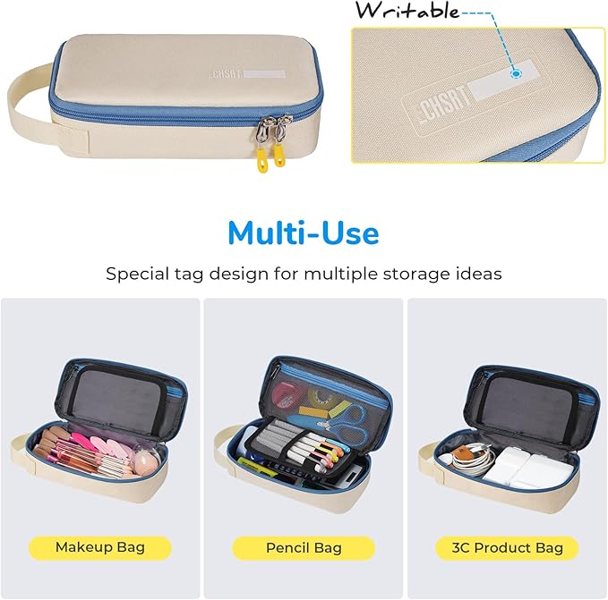 ECHSRT Pencil Case for Men Women, Large Pen Bag for Adults, Portable Pencil Pouch Aesthetic with Handle, Zipper Cases for Office Organizer Beige