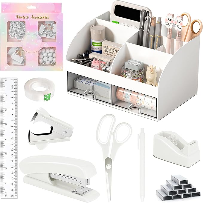Desk Accessories with Pen Holder, Office Supplies Desk Organizers and Accessories, Tape Dispenser, Stapler, Staple Remover, Staples, Clips Set, Ruler, Scissor, Pen, Tape (White)