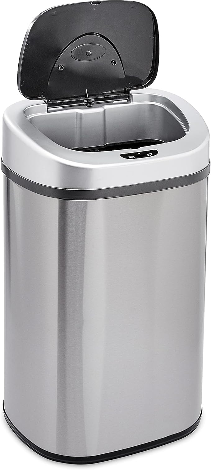 Amazon Basics Automatic Trash Can with Lid, Hands-Free, Stainless Steel, D-Shaped 80 l, 2 Bins
