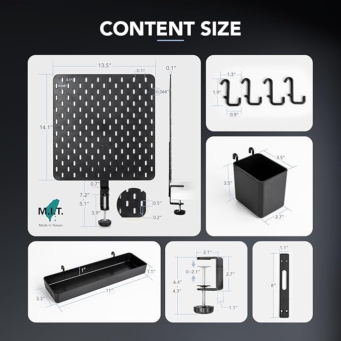 EHO Clamp-On Desk Pegboard, 13.5 x 14 inch Privacy Divider, Desk Partition Panel, No-Drill Desk Mounted Organizer, Combination Peg Board for Office, Gaming, Home, Plants, Black