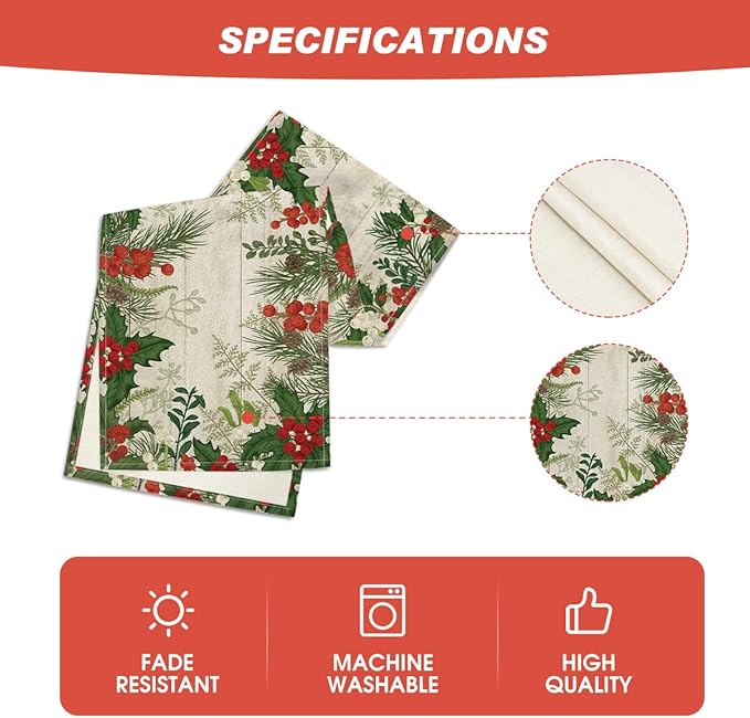 Artoid Mode Holly Fir Wood Pine Cone Leaves Christmas Table Runner, Seasonal Winter Holiday Kitchen Dining Table Decoration for Home Party Decor 13x120 Inch