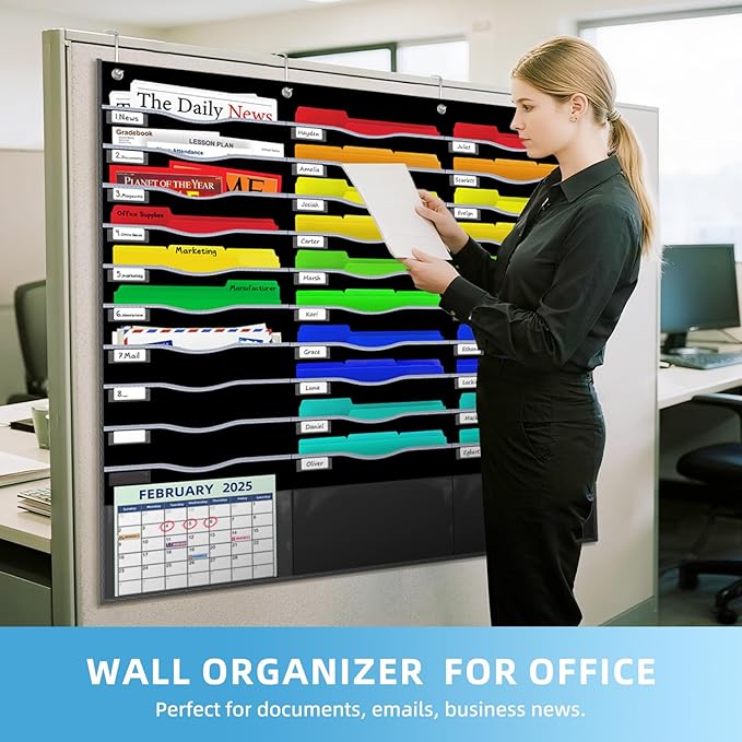 33 Pockets Hanging Wall File Organizer, Sturdy Legal/Letter Size Manila File Folders Organizer, Classroom Pocket Chart with 3 Writable Clear Pockets, 8 Wall/Door Hooks & 36 Labels (Black)