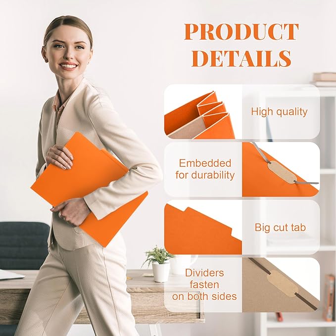 Skyygemm 12 Pack Classification File Folders Bulk with Divider and 2" Expansion, Pressboard Folder with 2 Prong Fasteners for Employee Records Medical Charts Office Document Organization(Orange)