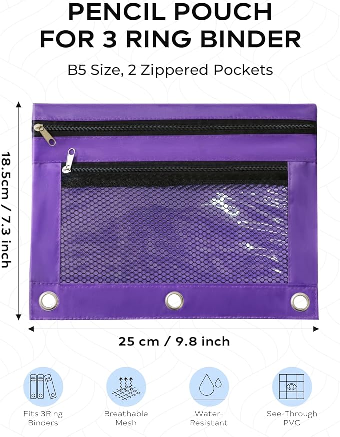 3 Ring Binder Pencil Pouch - School Pencil Case with 2 Zippered Pockets, Clear Mesh Window Pencil Bag, B5 Size, Back to School Gifts (Purple)