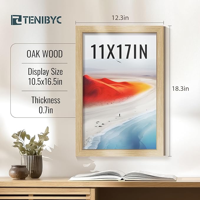 11x17 Picture Frame 3 Pack, Natural Oak Wood Poster Frame, HD Tempered Glass, Wall Hanging