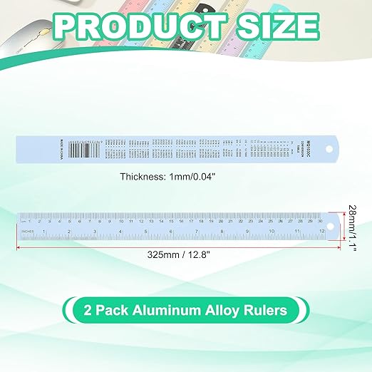 PATIKIL 30cm/12 Metal Ruler, 2 Pack Aluminum Alloy Rulers with Centimeters, Millimeters, Inches and Conversion Table Straight Edge Ruler for Writing Machinist Drafting, Blue