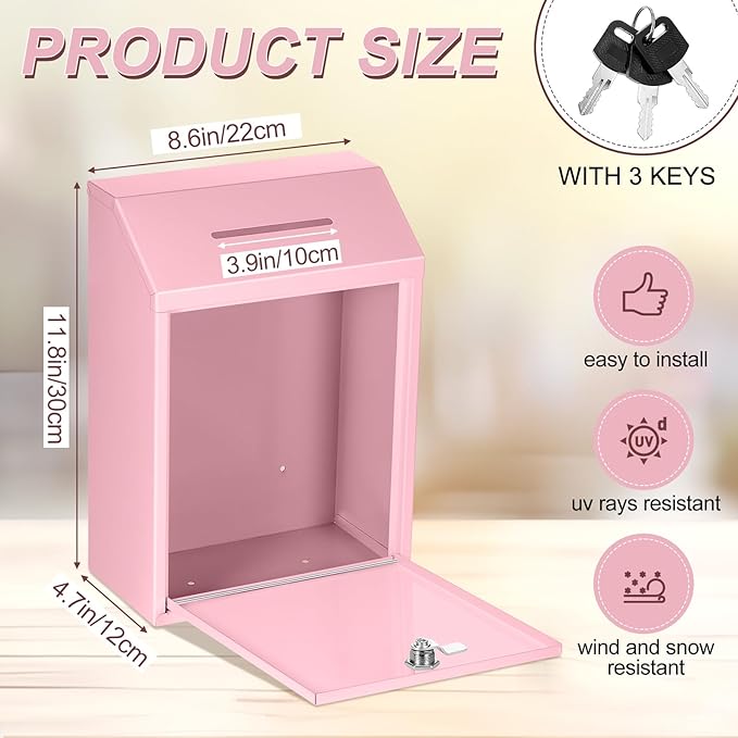 Metal Donation Cash Box Collection Safe Suggestion Box with Lock Wall Mounted Mailbox Delivery Ballot Container for Home Office Outdoor Door(Pink,11.8 x 8.6 x 4.7 Inch)