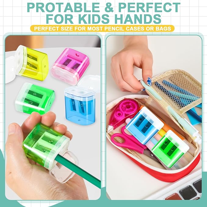 100 Piece Pencil Sharpeners Bulk, Manual Dual Holes Pencil Sharpeners for Kids, 4 Colorful Handheld Sharpeners with Lid Portable Compact for School Supplies Classroom Office Students Home