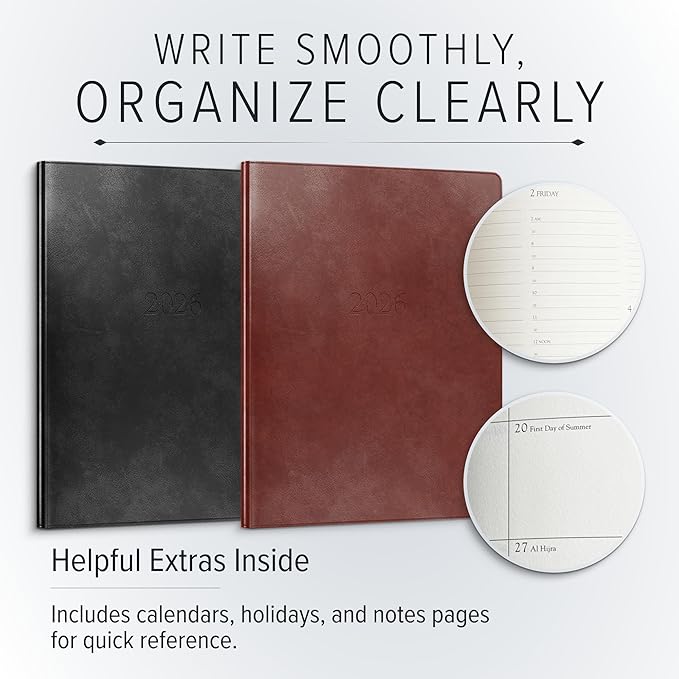 Gallery Leather Professional Weekly Monthly Planner 2026, Elegantly Bound Calendar Planner and Notebook with Stylish Gold-Gilded Page Edges, 12 Months - Acadia Black - 9 x 7 "