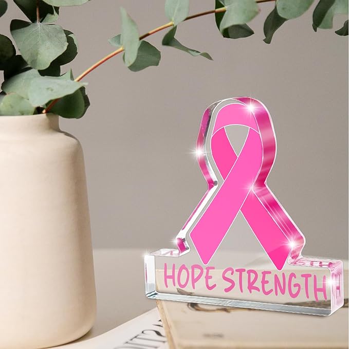 Pink Ribbon Breast Cancer Awareness Sign - 4x4 Inch "HOPE STRENGTH" Acrylic Desk Decor, Survivor Support Gift for Chemo Rooms, Offices, and Healing Spaces