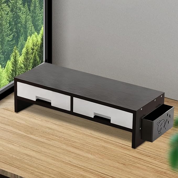 Stand Riser - Ergonomic Double Drawer Desk Organizer for Monitors, Sturdy Computer Stand with Storage Space, Desktop Accessory for Family Home Offices Indoor Study Room