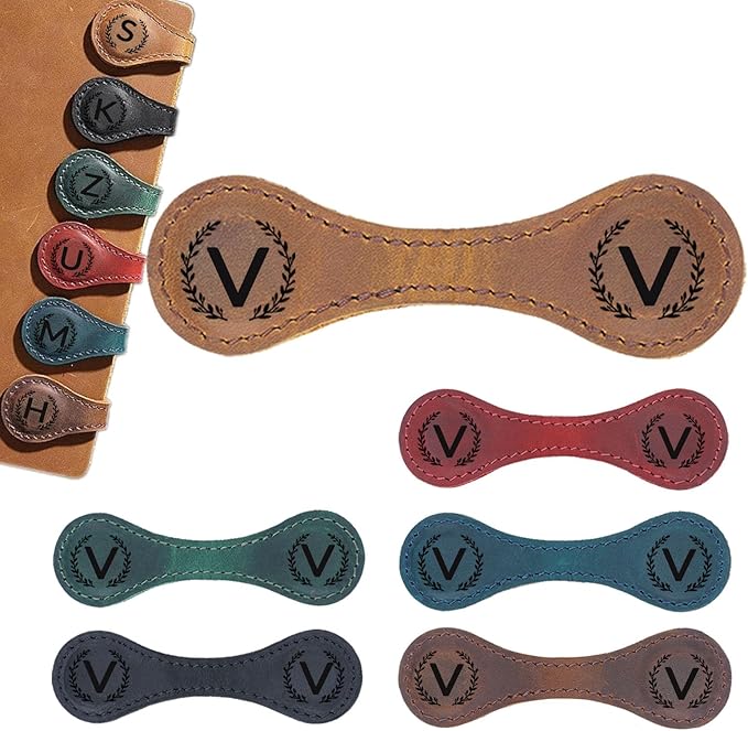 Magnetic Leather Bookmark with 26 Initial for Reading Women,Personalized Magnet Book Marks Gifts for Men,Book Lovers (Light Brown, V)
