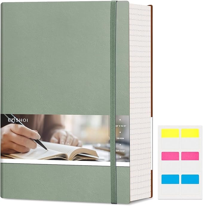 EMSHOI B5 College Ruled Notebook Journal - 400 Pages (200sheets), 7mm Spacing & Vegan Leather Cover for Work, School, Bible Study, Bullet Journaling - with Sticky Notes, Pocket & Pen Holder- Green