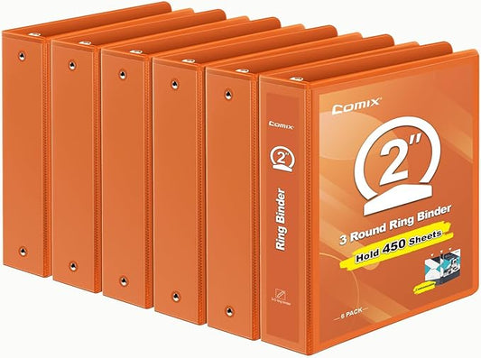 COMIX 3 Ring Binder 2 inch with Clear View Cover, 2" View Binder Holds 450 Sheets of US Letter Size Paper, 6 Pack (Orange)