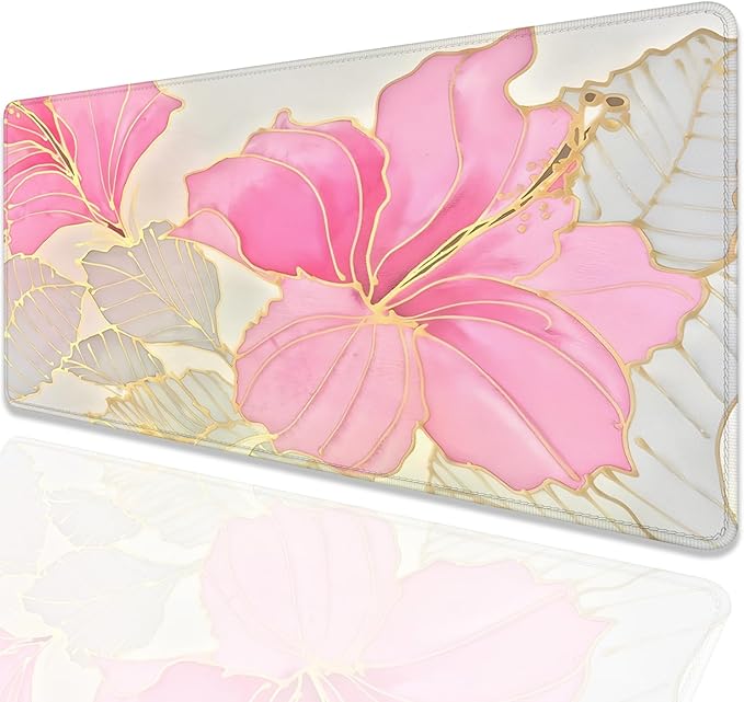 Abstract Floral Mouse Pad Desk Mat,Pink and Gold Extended Gaming Mouse Pad with Stitched Edges,Non-Slip Waterproof Rubber Base for Office,Computer,Keyboard,Laptop and Home Desk Pad(27.5X11.8 in)