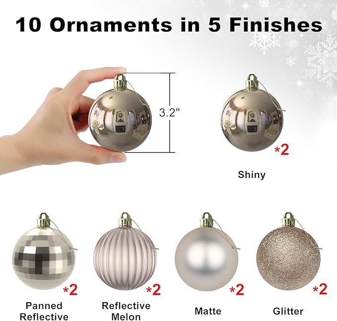 Champagne Gold 3.2" Large Christmas Balls - Christmas Tree Decoration Ornaments Shatterproof Hanging Balls for Birthday Halloween Holiday Wedding Decorations Set of 10pcs
