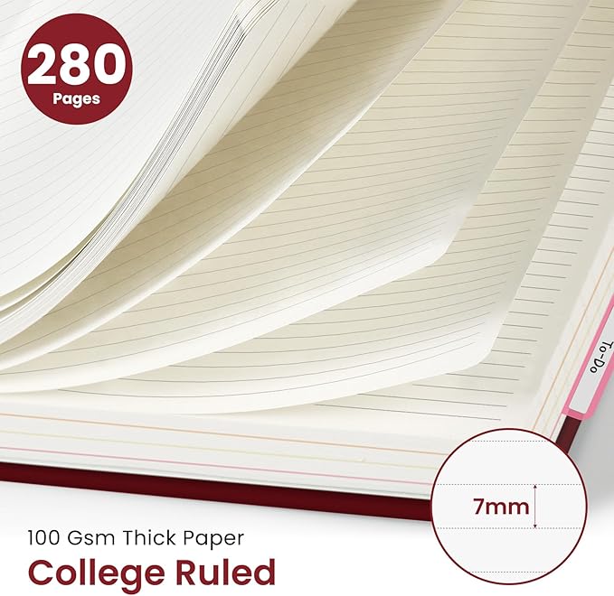 Hardcover Spiral Journal Notebooks for Work With Removable Dividers & Tabs, 8.5"x11" 5 Subject Notebook for Note Taking & Organizer, A4 College Ruled Lined Journal for Women & Writing, Burgundy, 280 Pages