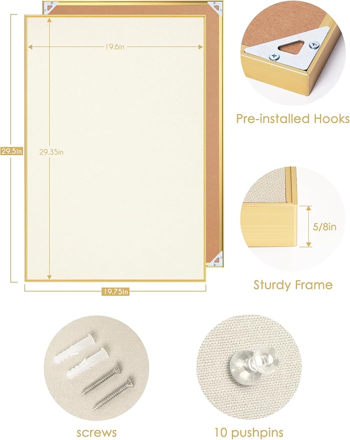 Bulletin Board 30 x 20 inches, Oatmeal White Pin Board, Golden Aluminum Framed Fabric Cork Board with 10 Push Pins