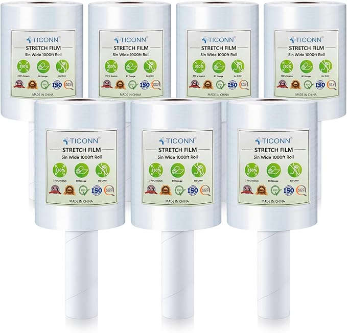 TICONN 7Pk Stretch Wrap Stretch Film Roll, 1000ft Industrial Strength 5 inch Wide Clear Plastic Wrap with Handles for Pallet Wrapping Shipping Moving