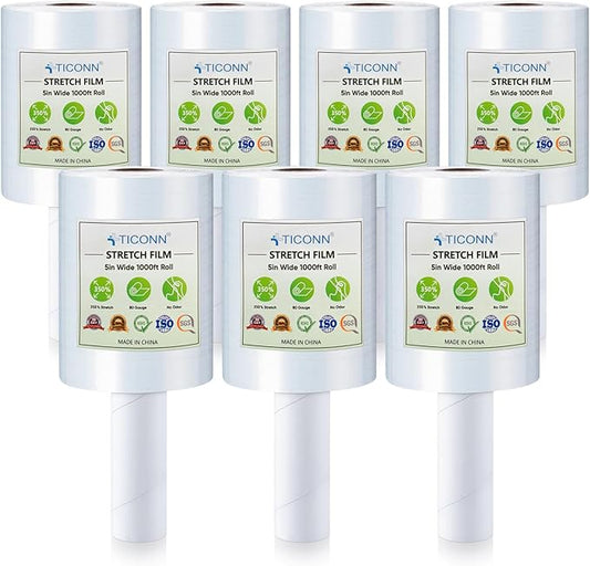 TICONN 7Pk Stretch Wrap Stretch Film Roll, 1000ft Industrial Strength 5 inch Wide Clear Plastic Wrap with Handles for Pallet Wrapping Shipping Moving