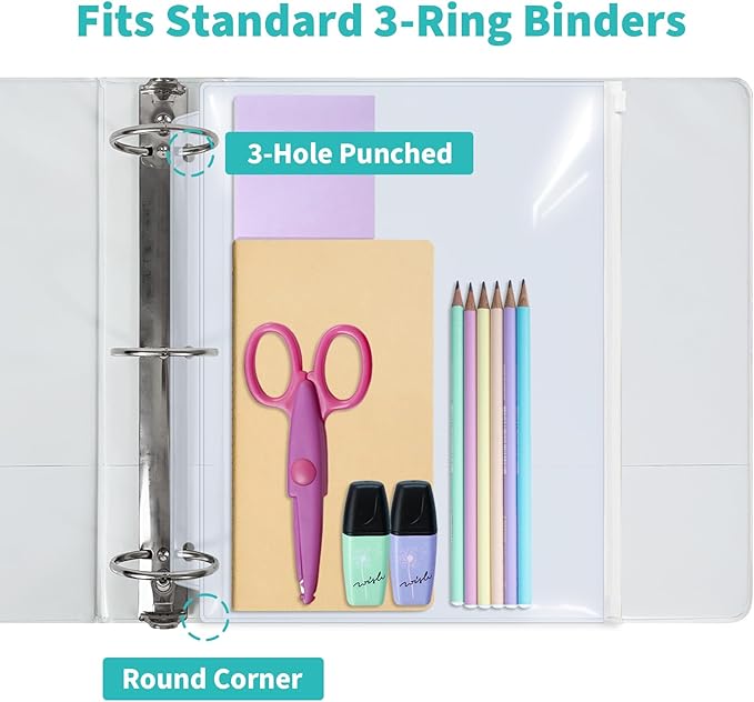 Binditek 10 Pack Plastic Zippered Binder Pockets, 3-Hole Punched for 3 Ring Binder, Clear PVC with White Zippers, Waterproof Loose Leaf Bag Pouch for Document Filing and Storage