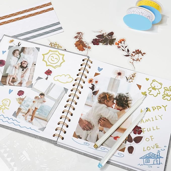 Vienrose 12x12 Inch Scrapbook Album DIY Large Hardcover Kraft White Pages Scrapbook Photo Album Linen Cover Scrap Book Photo Albums Scrapbooking Supplies Kit for Couple Family Wedding Travel