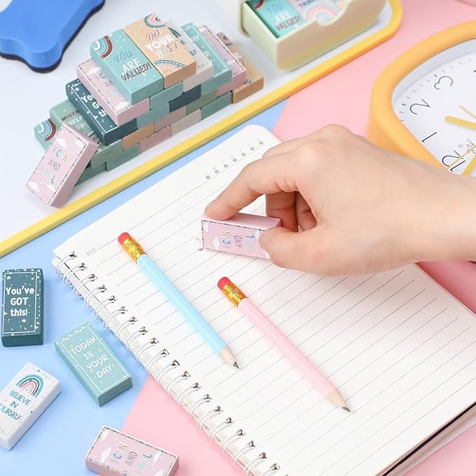 200 Pcs Back to School Inspirational Erasers Bulk Gifts Boho Everyone is Welcome Classroom Decor Fun Rainbow Motivational Pencil Erasers for Classroom Office Teacher Artists Prize Reward