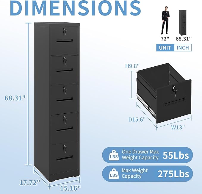 5 Drawer File Cabinet with 5 Locks, Metal Filing Cabinet Heavy Duty Vertical File Cabinets for Home Office, Steel File Storage Cabinets for Letter/Legal File Folders, Assembly Required (Black)