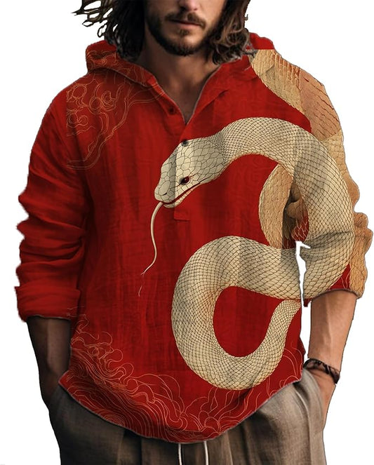 MARSVOVO Hooded Long Sleeve Shirt Men Fashion Graphic Button Up Lightweight Big and Tall Casual Vacation Shirts for Men