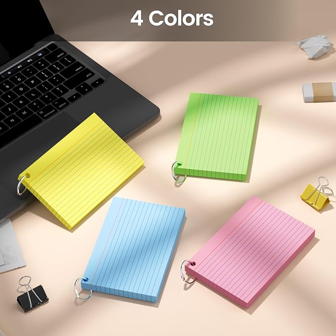 160-Pack Colored Index Cards 4x6 Inch w/Key Ring – 180gsm Heavyweight Flashcards – 4 Vibrant Colors Flash Cards (Pink Blue Green Yellow) – Perfect for Study, Notes & Memory, Students School Supplies