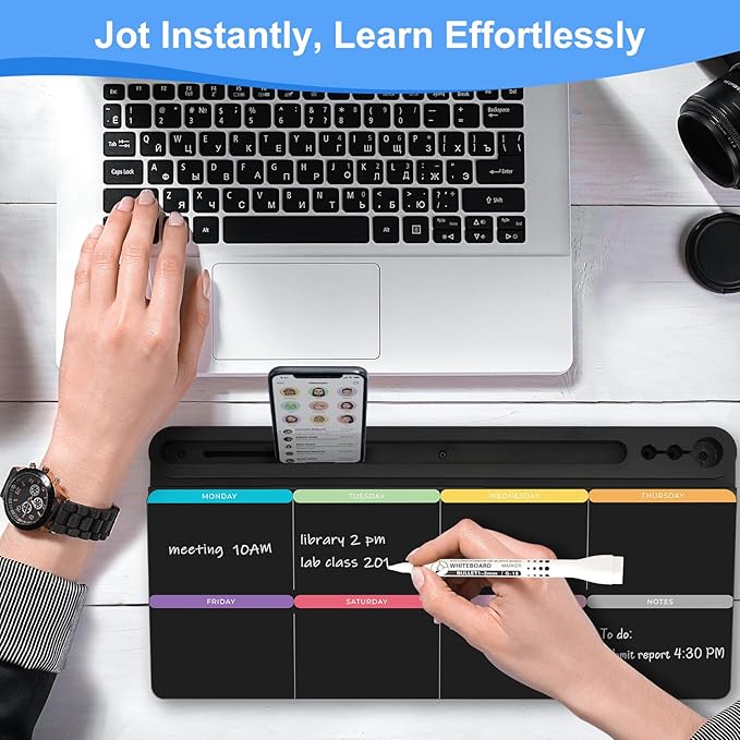Desktop Glass Whiteboard with Storage, Colorful Weekly Calendar Desk Dry Erase White Board, Desk Organizers and Accessories, Weekly Planner with Notes for List, Planning, Memo, Office, Home, School