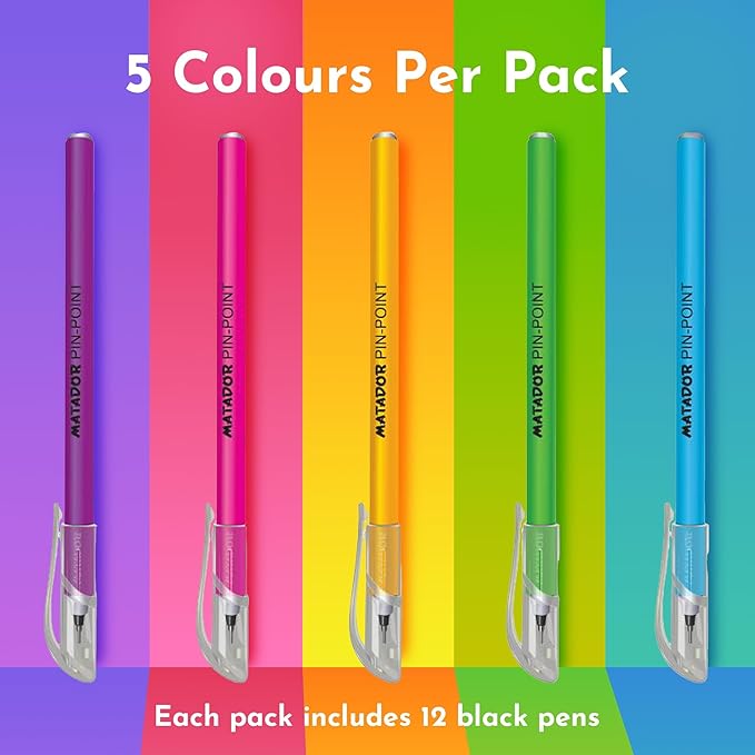 Matador Pin-Point Ball Pen | Oil Based Gel Ink | Soft Rubber Coated Body | 5 Attractive Body Colour | Retractable Fine (0.6mm) NS Tips with TC Ball | Pack of 12 (Blue)