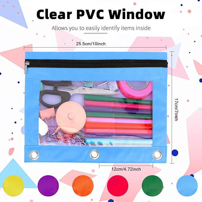 Pencil Pouch for 3 Ring Binder, 6 Pack Pencil Bags with Zipper, Large Capacity Pencil Case for Binder Assorted Color Pencil Case Pouch with Clear Window and Grommets Pencil Pocket for Office Supplies