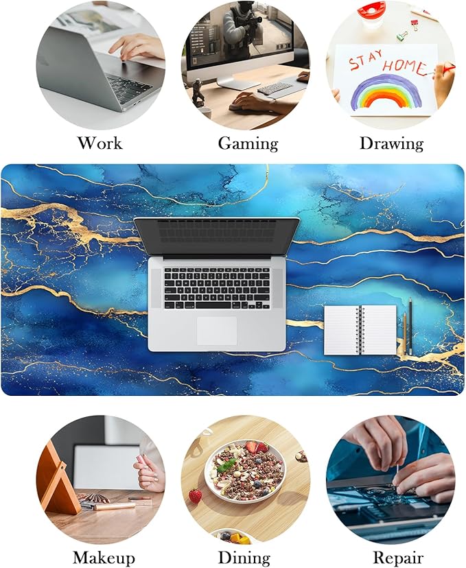 Mrcrypos Large Mouse Pad Blue Gold Marble Desk Mat for Desktop, Waterproof Desk Pad with Stitched Edges, Computer Keyboard Gaming Mouse Pads for Women Office Home 31.5" x 15.7"