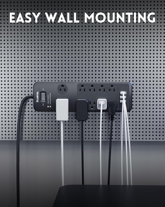Surge Protector Power Strip 15FT, PLUGTUL Surge Protector with 10 Outlets - Spacious Design for Large Plugs, Flat Plug, 20W USB C Charging for Home, Office, ETL Listed, 2040J