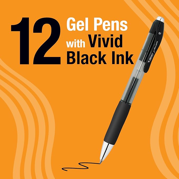 BIC Gelocity Pro Retractable Gel Pen with 0.7 mm Medium Point, 12-Count in Black Ink for Smooth Writing