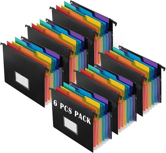 TRANBO 7-Pockets Hanging File Folder with Retractable Hooks for Filing Cabinet, Letter Size Expandable Accordion File Organizer with Elastic Band for File Frame or On-The-Go Use (6 Pack)
