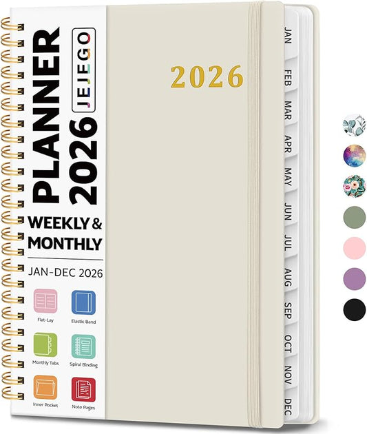 2026 Planner, Weekly and Monthly Calendar Planner Book, January 2026 - December 2026, Hardcover Spiral Planner with Monthly Tabs, Notes Pages, Perfect for Women & Men, A5 (6.4" x 8.5") - Beige