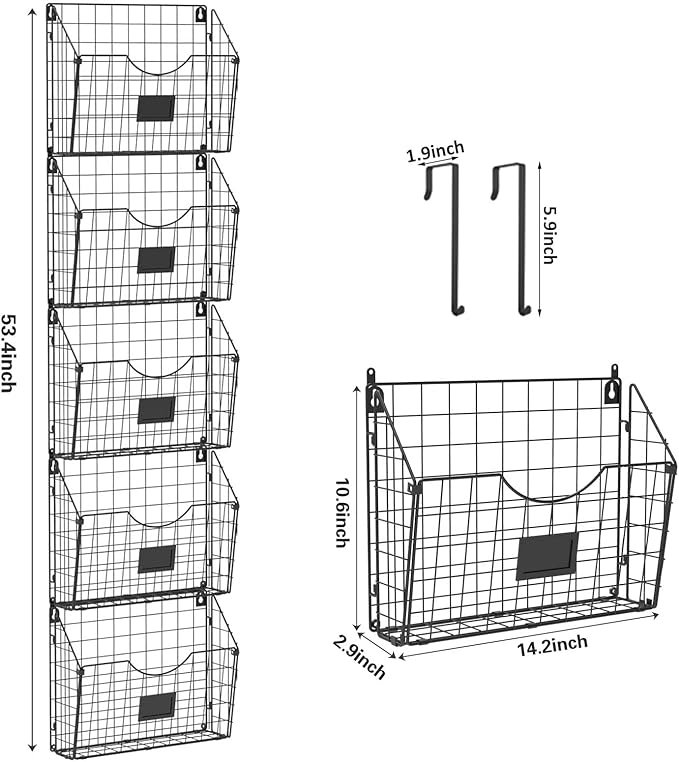 5-Tier Over the Door File Organizer, Stackable Hanging Wall Files Rack with Door Hooks Wall Organizers, SVertical Wall File Storage with Tag for Office Home and Work Easy Organizing - Black
