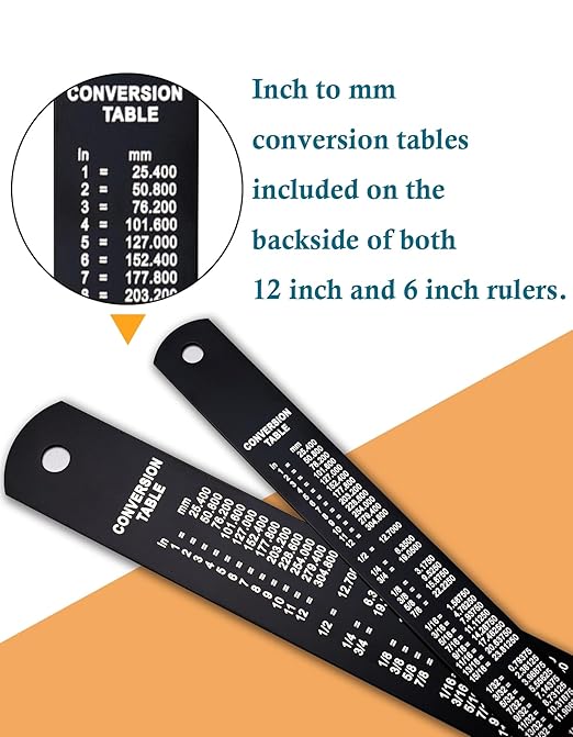 Metal Ruler Kit 12 Inch and 6 Inch, Stainless Steel Rulers with Centimeters, Millimeters, Inches and Conversion Table for Office and School, Easy to Read Metric Rule Set, 2 Pack