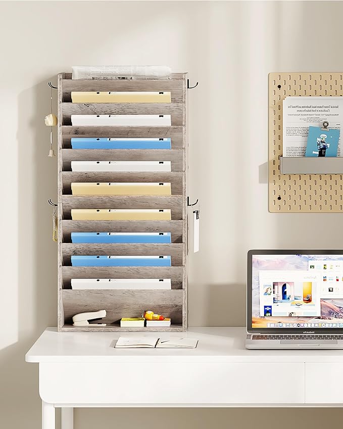 Wall File Organizer, 10-Tier Hanging Mail Organizer, Wall Mount File Holder with 4 Side Hooks, Industrial Mail and Storage Organizer, Wooden Vertical Hanging Holder for Office, Greige MWJ03FH
