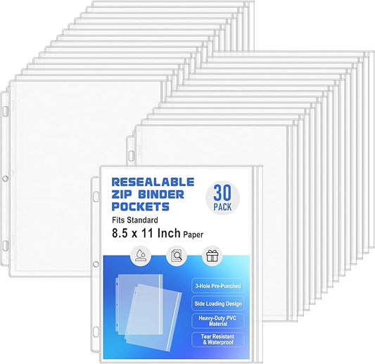 Antner 30 Pack Letter Size Binder Pockets for 3 Ring Binder, Waterproof Resealable Zip Loose Leaf File Bags Document Organizer Folders Insert Page Sleeves PVC 3-Hole Sheet Protectors for 8.5x11 Paper