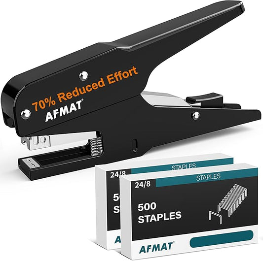 AFMAT Effortless Plier Stapler, Metal 30 Sheet Stapling Plier, 15000+ Stapling Times, with Staples & Reload Button, Handheld Stapler Heavy Duty, Space Save Size, Good for Office, Home, School, Black