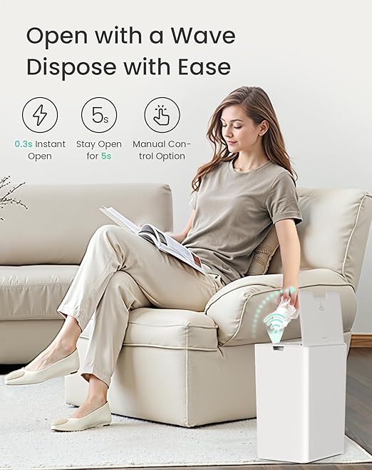 Cesun 2 Pack 4 Gallon Bathroom Trash Can with Lid, Small Automatic Trash Can, Touchless Motion Sensor Garbage Can, White Plastic Waste Basket for Bathroom, Bedroom, Toilet, Office, Rv