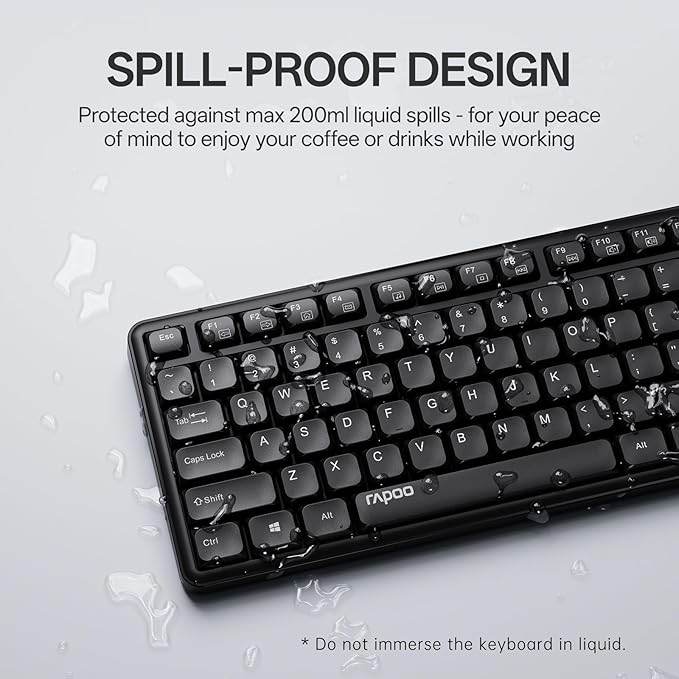 Rapoo X2100 Quiet Wireless Keyboard and Mouse Combo, 2.4GHz USB Receiver, 12 Multimedia Keys, Spill-Proof, Full-Sized, Compatible with PC, Laptop, Black