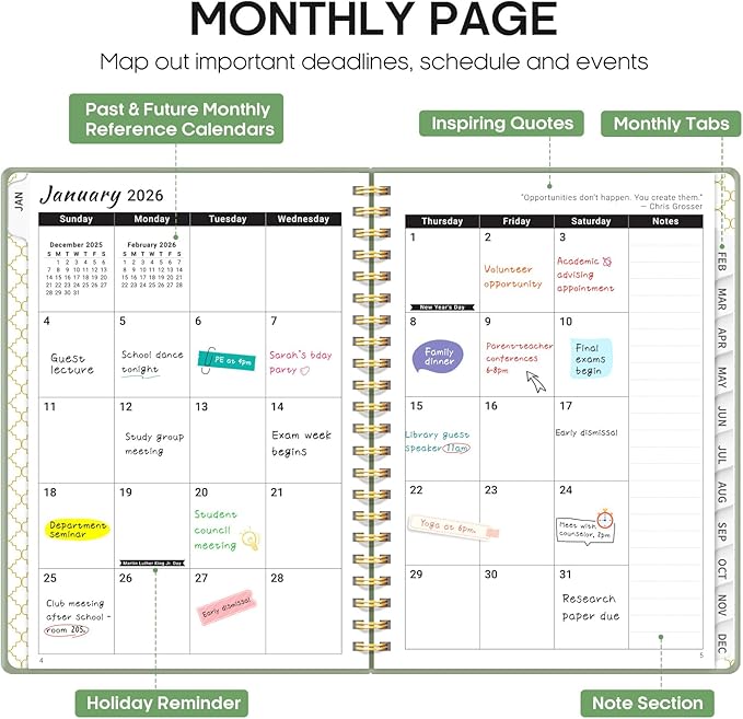 2026 Planner, Weekly and Monthly Calendar Planner, January 2026 - December 2026, Hardcover 2026 Calendar Planner Book with Tabs For Women & Men, Inner Pocket, Spiral Bound, Perfect for Office Home School Supplies - A5 (6.3" x 8.5"), Green