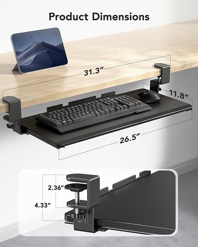 HUANUO Keyboard Tray Under Desk, Pull Out Keyboard Tray with C Clamp Mount, 26.5″ W x 11.8″ D Slide Out Computer Keyboard Drawer Mouse Tray for Typing, Black
